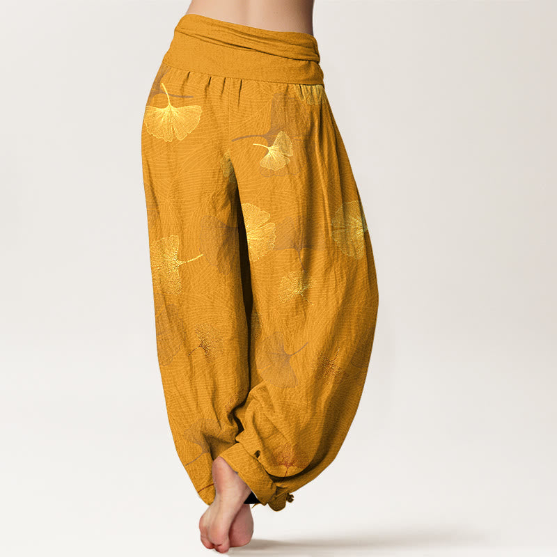 Buddha Stones Cotton Elegant Ginkgo Pattern Women's Elastic Waist Harem Pants - image 9