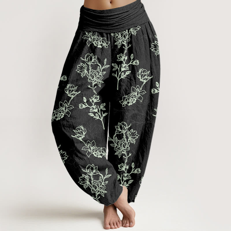 Buddha Stones Cotton Simple Flower Bud Pattern Women's Elastic Waist Harem Pants - Black - US16，UK/AU20，EU48 (3XL) - image 5