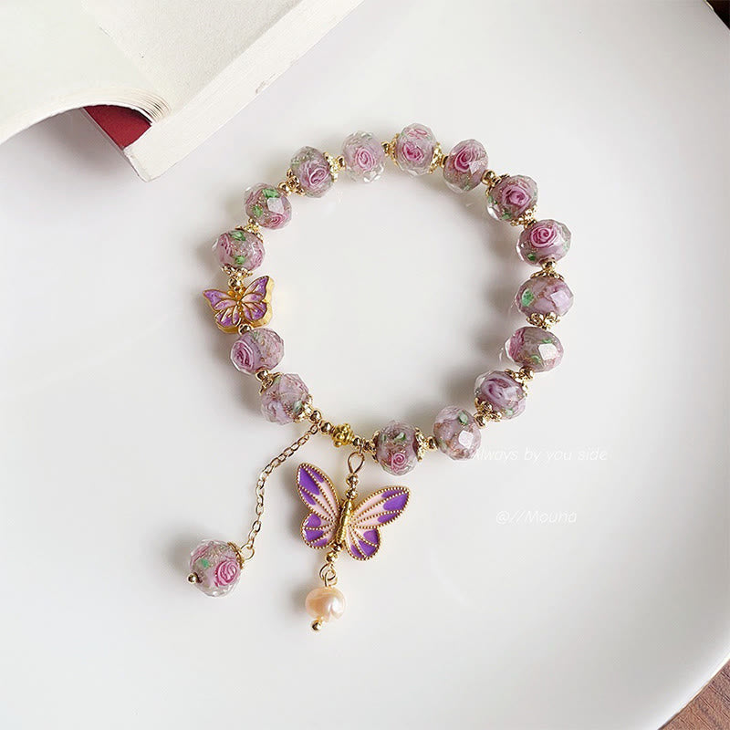 Buddha Stones Double Butterflies Charm Flower Liuli Glass Beaded Love Bracelet - image 1