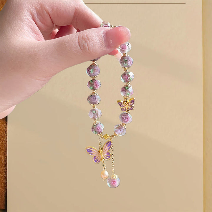 Buddha Stones Double Butterflies Charm Flower Liuli Glass Beaded Love Bracelet - image 3