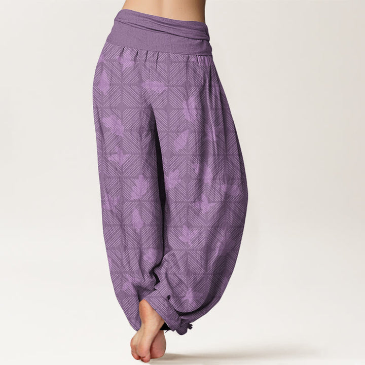 Buddha Stones Cotton Neatly Arranged Checkered Leaf Pattern Women's Elastic Waist Harem Pants - image 9