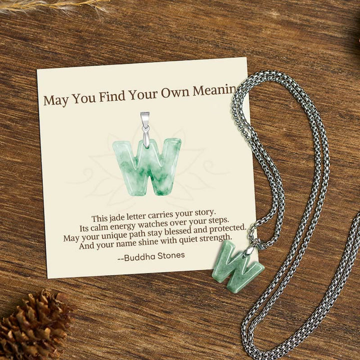 Buddha Stones "May You Find Your Own Meaning" Natural A-Z Letter Jade Titanium Steel Chain Necklace Includes Gift Message Card - W - Titanium Steel Chain(One Pendant) - Standard Gift Box - image 99