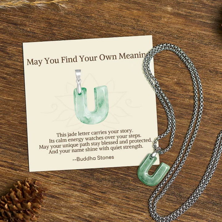 Buddha Stones "May You Find Your Own Meaning" Natural A-Z Letter Jade Titanium Steel Chain Necklace Includes Gift Message Card - U - Titanium Steel Chain(One Pendant) - Standard Gift Box - image 91