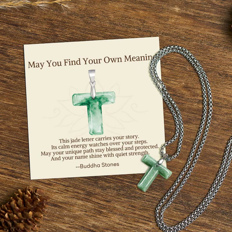 Buddha Stones "May You Find Your Own Meaning" Natural A-Z Letter Jade Titanium Steel Chain Necklace Includes Gift Message Card - T - Titanium Steel Chain(One Pendant) - Standard Gift Box - image 87