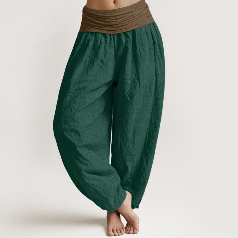 Buddha Stones Cotton Black Green Tan Solid Color Women's Elastic Waist Harem Pants - DarkGreen - US16，UK/AU20，EU48 (3XL) - image 5
