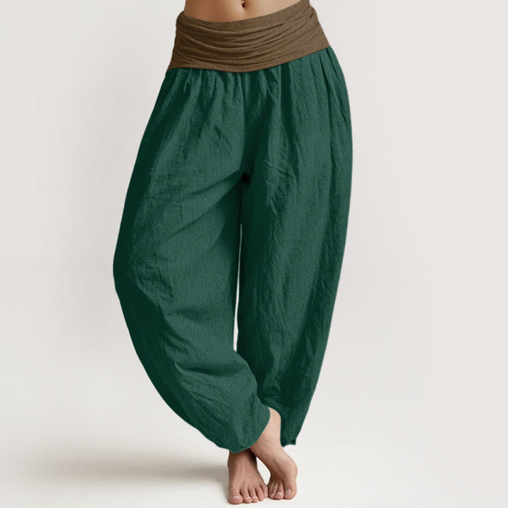 Buddha Stones Cotton Black Green Tan Solid Color Women's Elastic Waist Harem Pants - DarkGreen - US16，UK/AU20，EU48 (3XL) - image 5