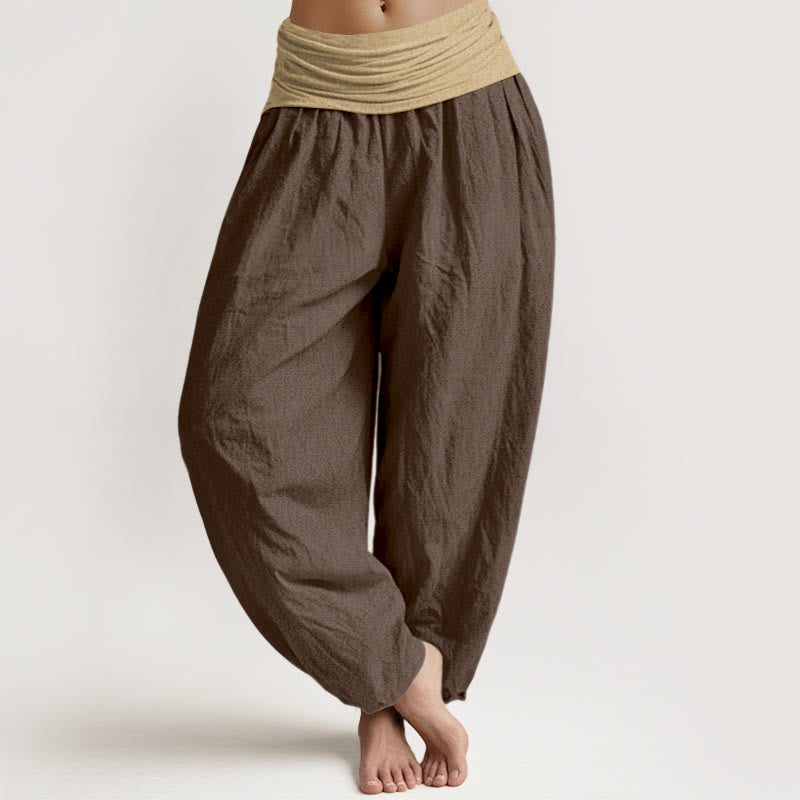 Buddha Stones Cotton Brown Blue Black Solid Color Women's Elastic Waist Harem Pants - SaddleBrown - US16，UK/AU20，EU48 (3XL) - image 0