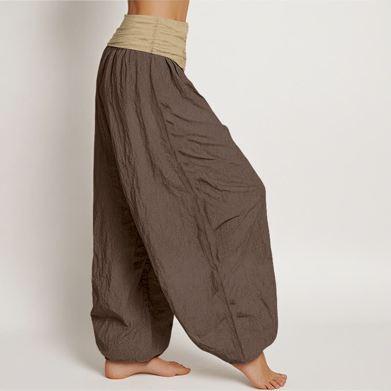 Buddha Stones Cotton Brown Blue Black Solid Color Women's Elastic Waist Harem Pants - image 2