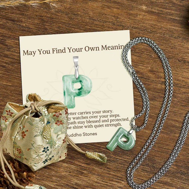 Buddha Stones "May You Find Your Own Meaning" Natural A-Z Letter Jade Titanium Steel Chain Necklace Includes Gift Message Card - P - Titanium Steel Chain(One Pendant) - Deluxe Gift Bag (+$9.59) - image 74