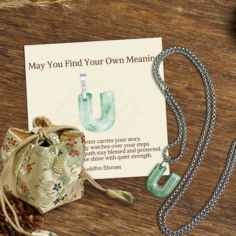 Buddha Stones "May You Find Your Own Meaning" Natural A-Z Letter Jade Titanium Steel Chain Necklace Includes Gift Message Card - U - Titanium Steel Chain(One Pendant) - Deluxe Gift Bag (+$9.59) - image 94