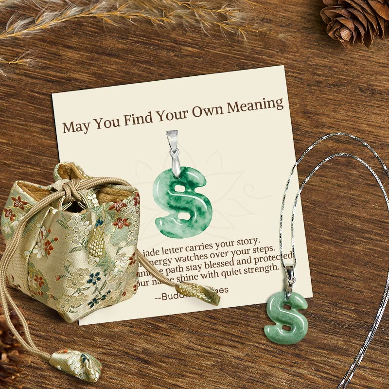 Buddha Stones "May You Find Your Own Meaning" Natural A-Z Letter Jade Titanium Steel Chain Necklace Includes Gift Message Card - image 185