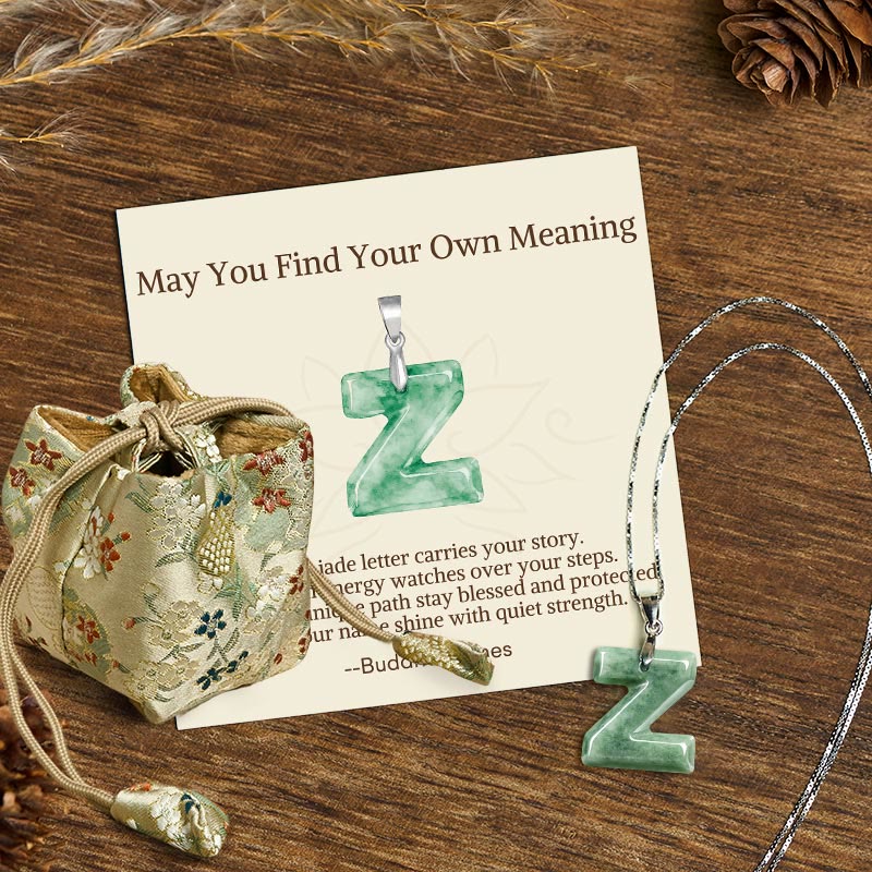 Buddha Stones "May You Find Your Own Meaning" Natural A-Z Letter Jade Titanium Steel Chain Necklace Includes Gift Message Card - image 206
