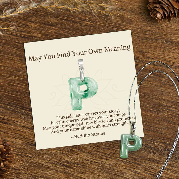 Buddha Stones "May You Find Your Own Meaning" Natural A-Z Letter Jade Titanium Steel Chain Necklace Includes Gift Message Card - image 174