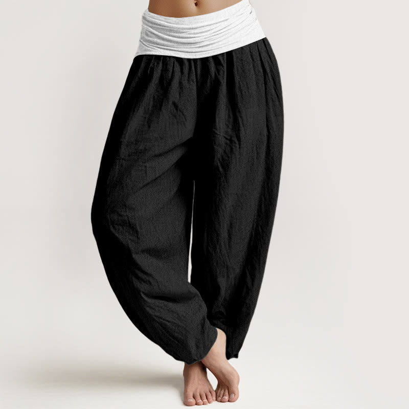 Buddha Stones Cotton Blue Black Gray Solid Color Women's Elastic Waist Harem Pants - Black - US16，UK/AU20，EU48 (3XL) - image 5