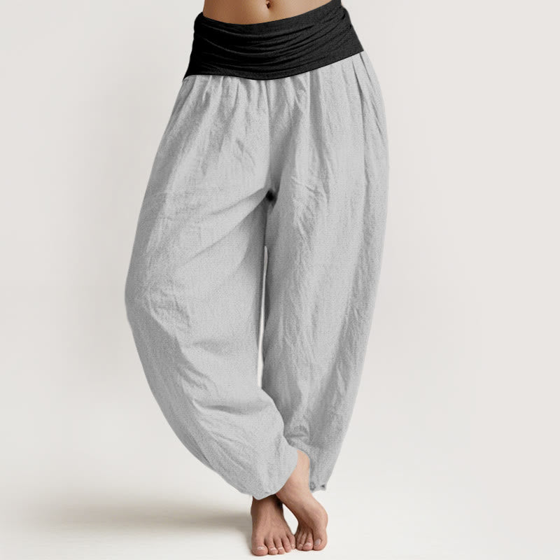 Buddha Stones Cotton Blue Black Gray Solid Color Women's Elastic Waist Harem Pants - LightGrey - US16，UK/AU20，EU48 (3XL) - image 11