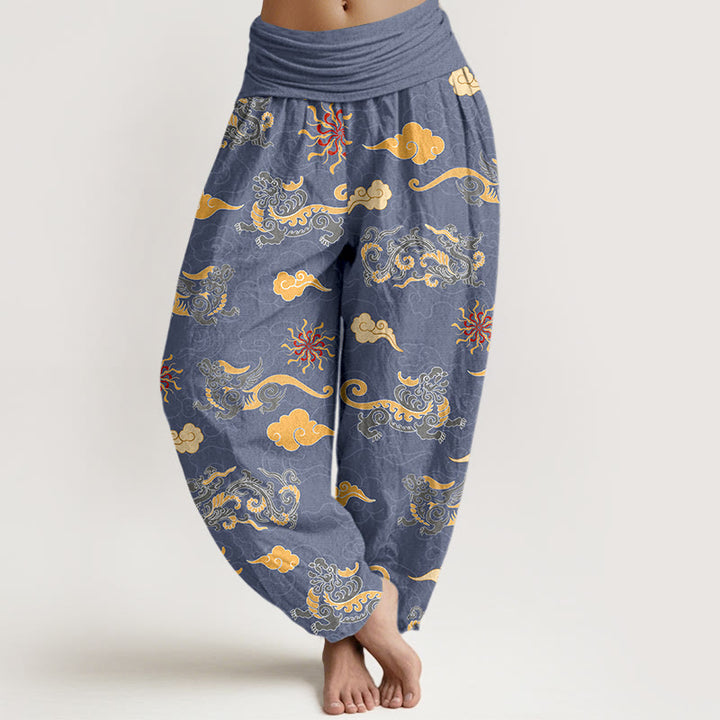 Buddha Stones Cotton Gorgeous Dragon Auspicious Beast Cloud Pattern Women's Elastic Waist Harem Pants - SlateBlue - US16，UK/AU20，EU48 (3XL) - image 5