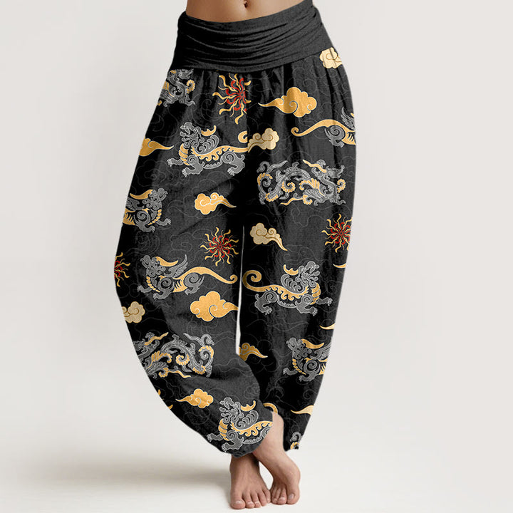 Buddha Stones Cotton Gorgeous Dragon Auspicious Beast Cloud Pattern Women's Elastic Waist Harem Pants - Black - US16，UK/AU20，EU48 (3XL) - image 8
