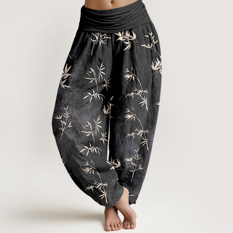 Buddha Stones Cotton Simple Bamboo Leaves Pattern Women's Elastic Waist Harem Pants - Black - US16，UK/AU20，EU48 (3XL) - image 8