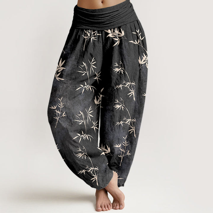 Buddha Stones Cotton Simple Bamboo Leaves Pattern Women's Elastic Waist Harem Pants - Black - US16，UK/AU20，EU48 (3XL) - image 8