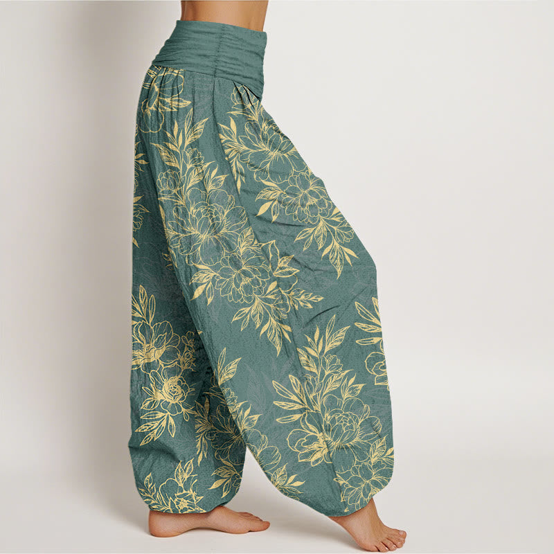 Buddha Stones Cotton Complicated Flowers Leaves Pattern Women's Elastic Waist Harem Pants - image 2