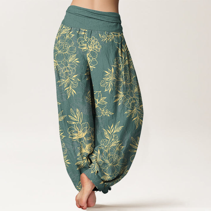 Buddha Stones Cotton Complicated Flowers Leaves Pattern Women's Elastic Waist Harem Pants - image 1