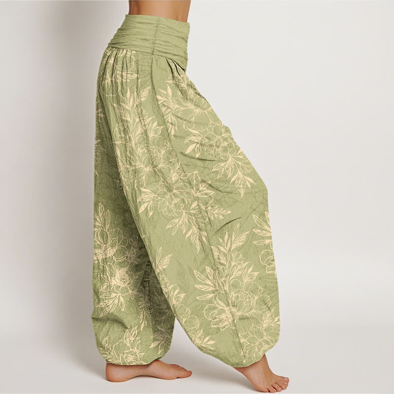 Buddha Stones Cotton Complicated Flowers Leaves Pattern Women's Elastic Waist Harem Pants - image 13