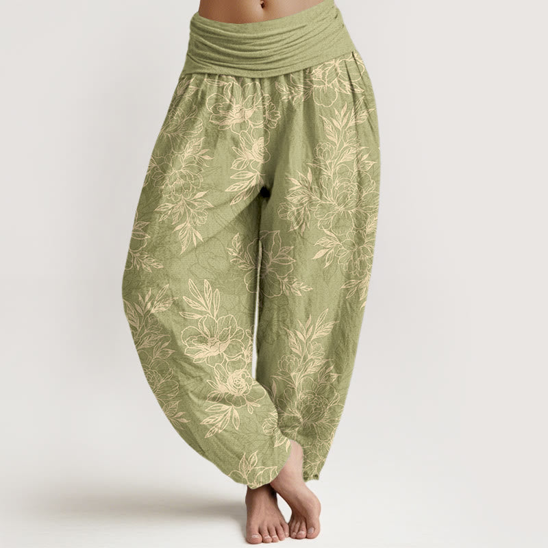 Buddha Stones Cotton Complicated Flowers Leaves Pattern Women's Elastic Waist Harem Pants - YellowGreen - US16，UK/AU20，EU48 (3XL) - image 11