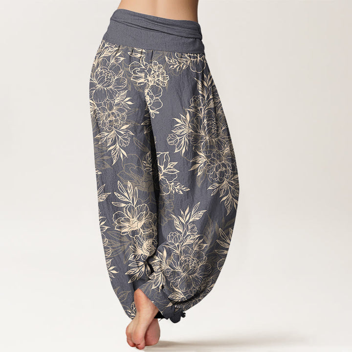 Buddha Stones Cotton Complicated Flowers Leaves Pattern Women's Elastic Waist Harem Pants - image 15