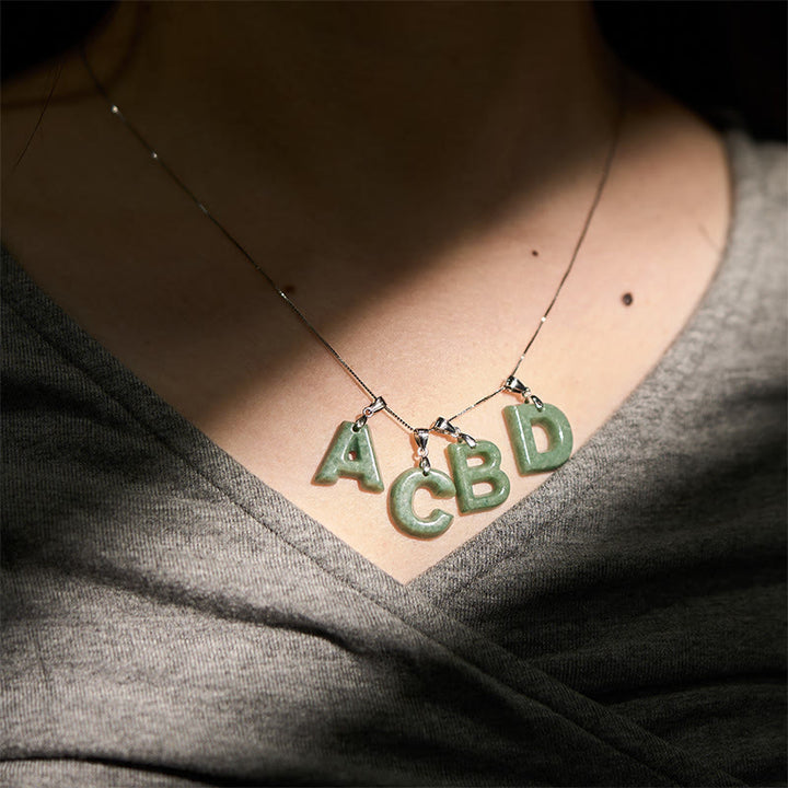 Buddha Stones Natural A-Z Letter Jade 925 Sterling Silver Silm Chain Prosperity Necklace Pendant - image 52