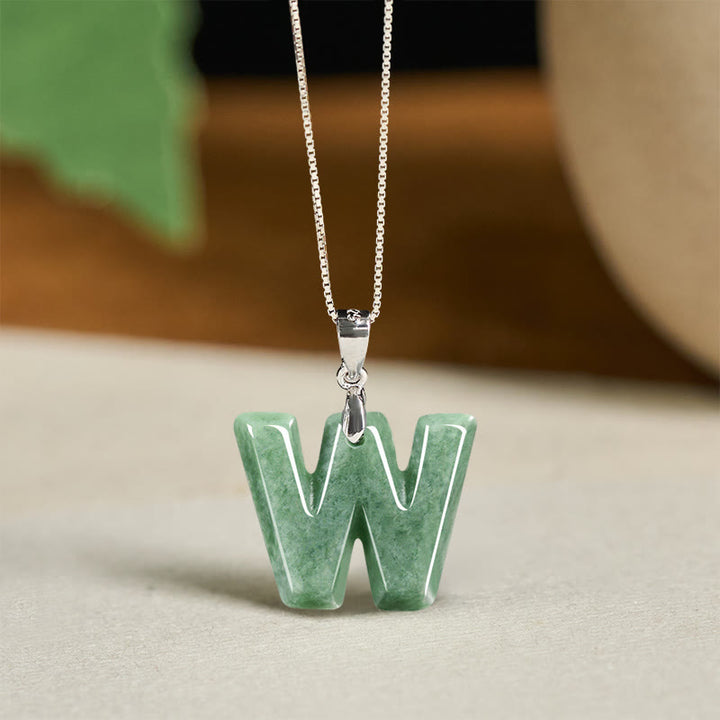 Buddha Stones Natural A-Z Letter Jade 925 Sterling Silver Silm Chain Prosperity Necklace Pendant - W - image 46