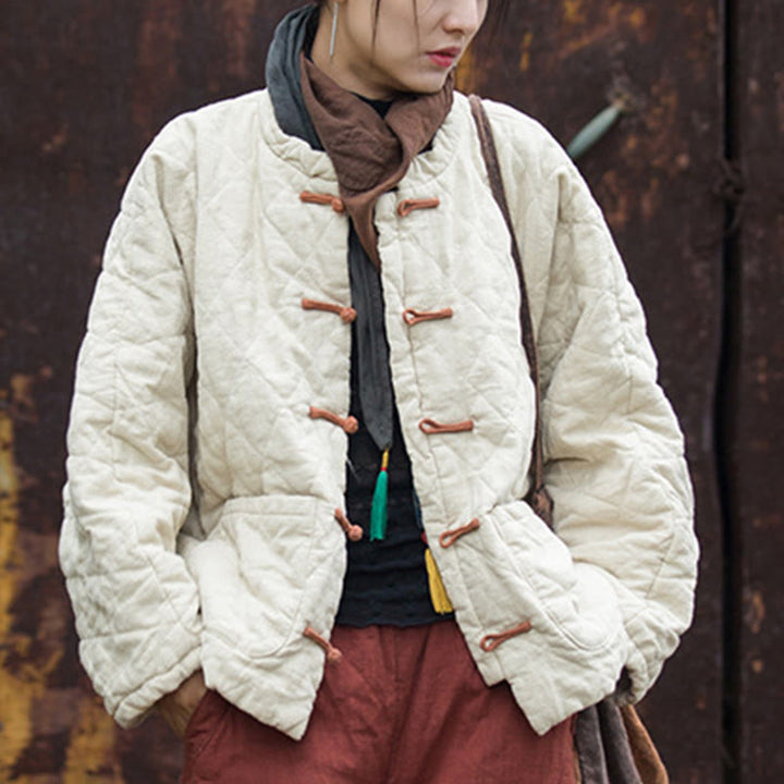 Buddha Stones Winter Frog-Button Lines Open Front Cotton Long Sleeve Women's Thermal Jacket With Pockets - image 7