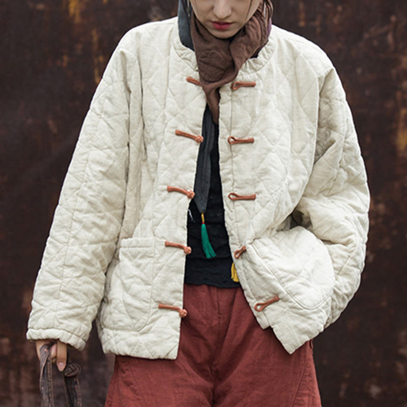 Buddha Stones Winter Frog-Button Lines Open Front Cotton Long Sleeve Women's Thermal Jacket With Pockets - image 6