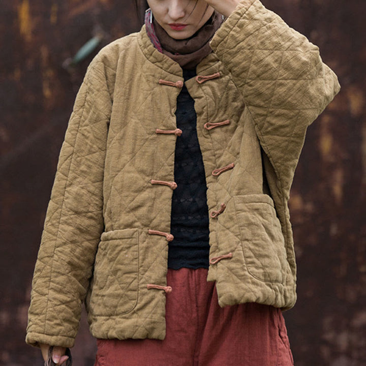 Buddha Stones Winter Frog-Button Lines Open Front Cotton Long Sleeve Women's Thermal Jacket With Pockets - image 25