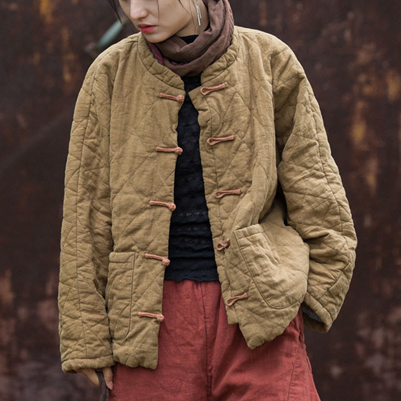 Buddha Stones Winter Frog-Button Lines Open Front Cotton Long Sleeve Women's Thermal Jacket With Pockets - image 26