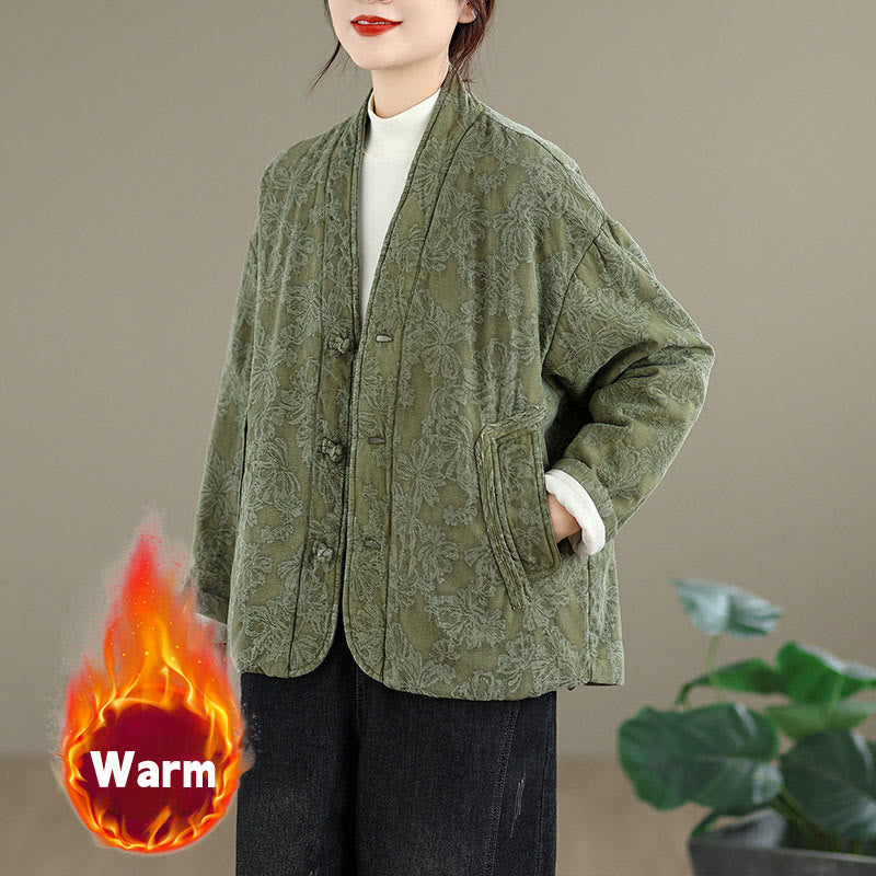 Buddha Stones Winter V-Neck Jacquard Frog-Button Cotton Long Sleeve Women's Thermal Jacket With Pockets - DarkSeaGreen - US12，UK/AU16，EU44 (2XL) - image 0