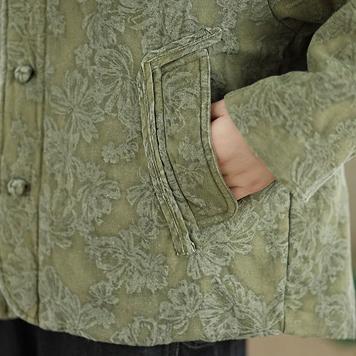 Buddha Stones Winter V-Neck Jacquard Frog-Button Cotton Long Sleeve Women's Thermal Jacket With Pockets - image 10