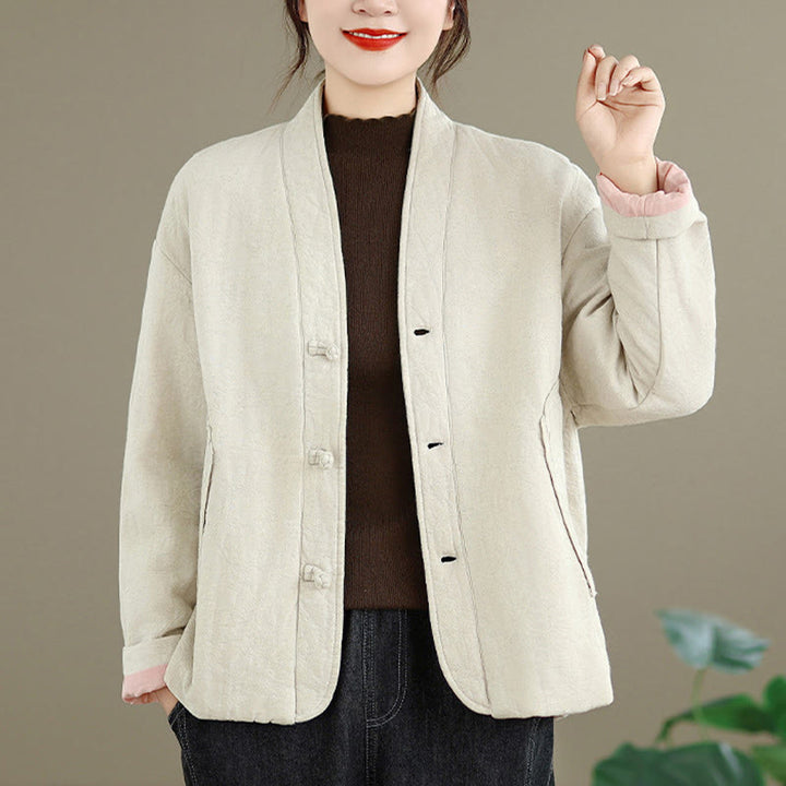 Buddha Stones Winter V-Neck Jacquard Frog-Button Cotton Long Sleeve Women's Thermal Jacket With Pockets - image 15