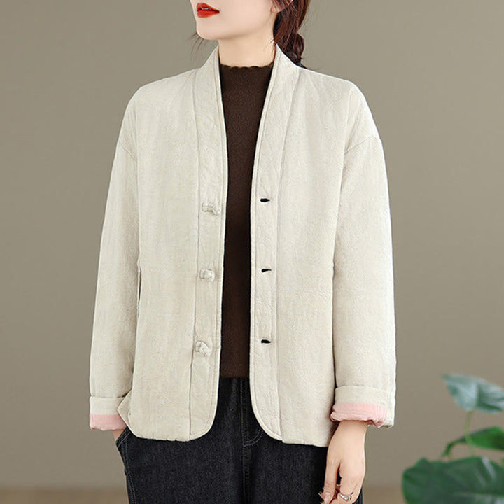 Buddha Stones Winter V-Neck Jacquard Frog-Button Cotton Long Sleeve Women's Thermal Jacket With Pockets - image 18