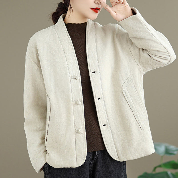 Buddha Stones Winter V-Neck Jacquard Frog-Button Cotton Long Sleeve Women's Thermal Jacket With Pockets - image 14