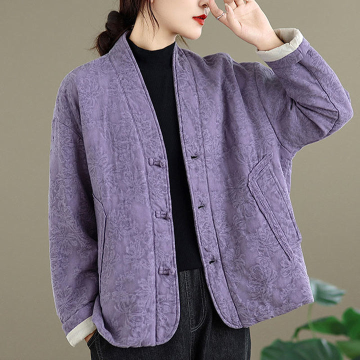 Buddha Stones Winter V-Neck Jacquard Frog-Button Cotton Long Sleeve Women's Thermal Jacket With Pockets - image 24