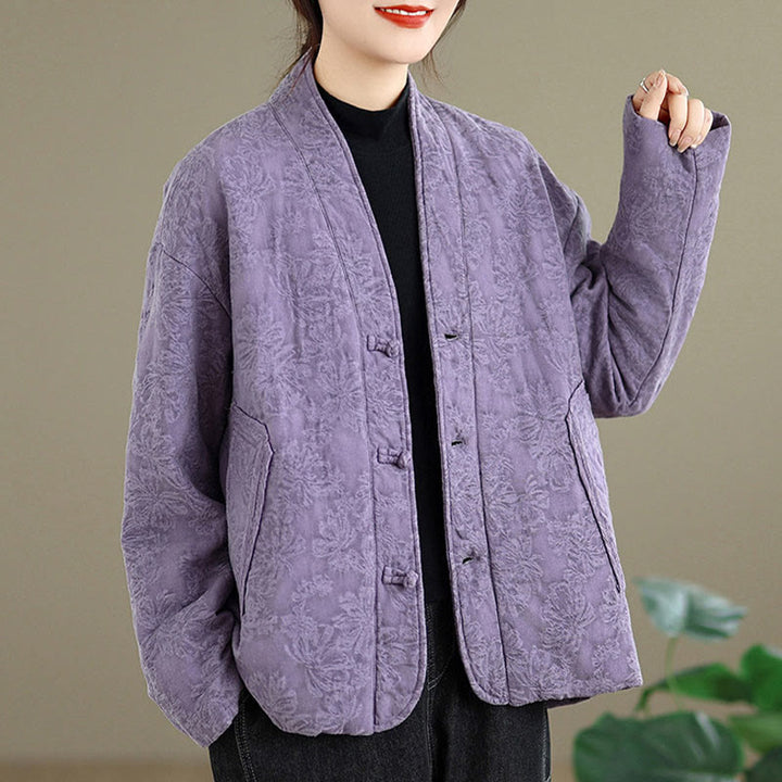 Buddha Stones Winter V-Neck Jacquard Frog-Button Cotton Long Sleeve Women's Thermal Jacket With Pockets - image 21