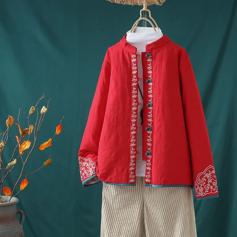 Buddha Stones Winter Frog-Button Embroidery Flowers Vines Open Front Cotton Long Sleeve Women's Thermal Jacket - Red - US8-10，UK/AU12-14，EU40-42 (2XL) - image 18