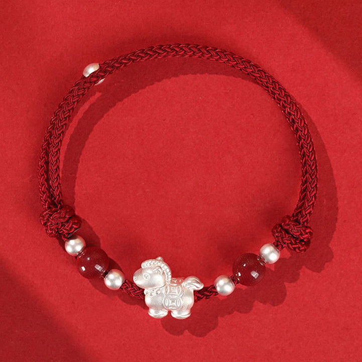 Buddha Stones 999 Sterling Silver Red Agate Year Of The Horse Prosperity String Bracelet - DarkRed Rope(Wrist Circumference: 14-21cm) - image 1
