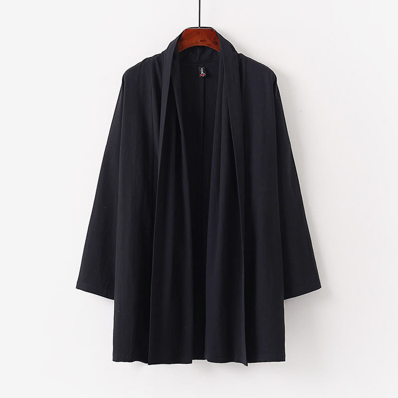 Buddha Stones Spring Fall Solid Color Long Sleeve Mid-length Open Front Men's Kimono - Black - US/UK/AU54，EU64 (9XL) - image 1