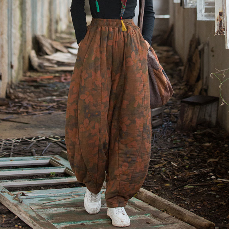 Buddha Stones Flower Pattern Cotton Thick Women's Pants With Pockets - Chocolate  - US4-6，UK/AU8-10，EU36-38 (F) - image 0