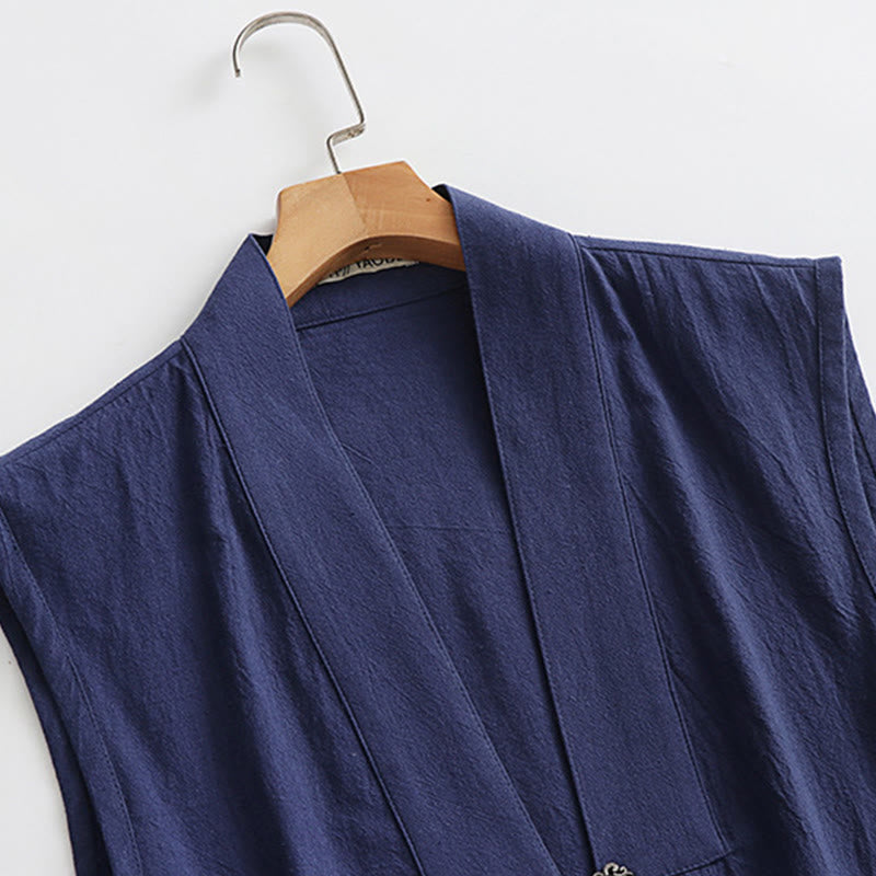 Buddha Stones 2Pcs Wudang Fall Solid Long Sleeve Men's Taoist Long Robe Sleeveless Vest Lace-up Kimono Ceremony Suit - image 18