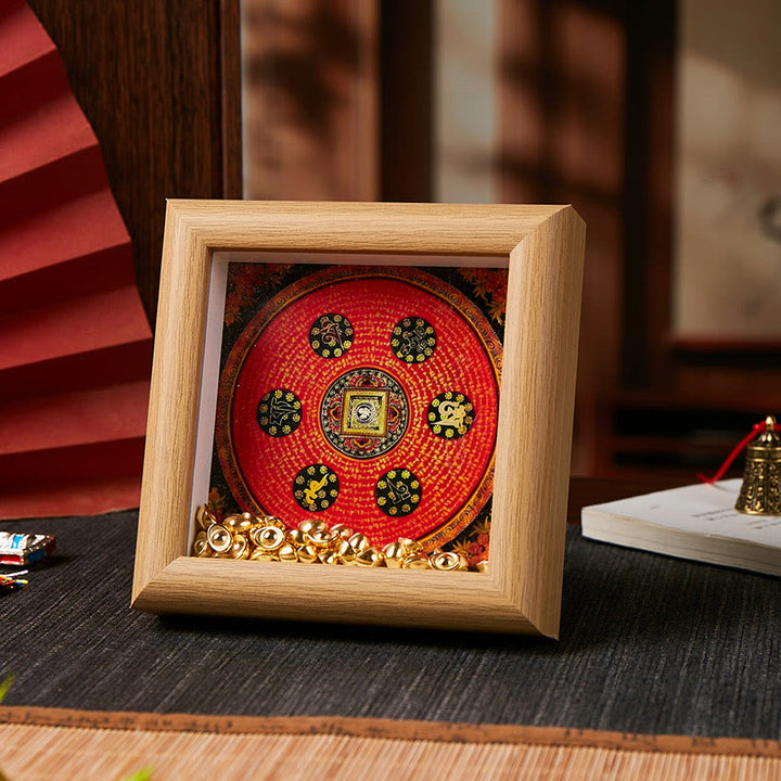 Buddha Stones Tibetan Om Mani Padme Hum Golden Ingot Thangka Photo Frame Ornament Home Decor - Style 2 - Yellow Medium Density Fiberboard(10*10*4cm) - image 2
