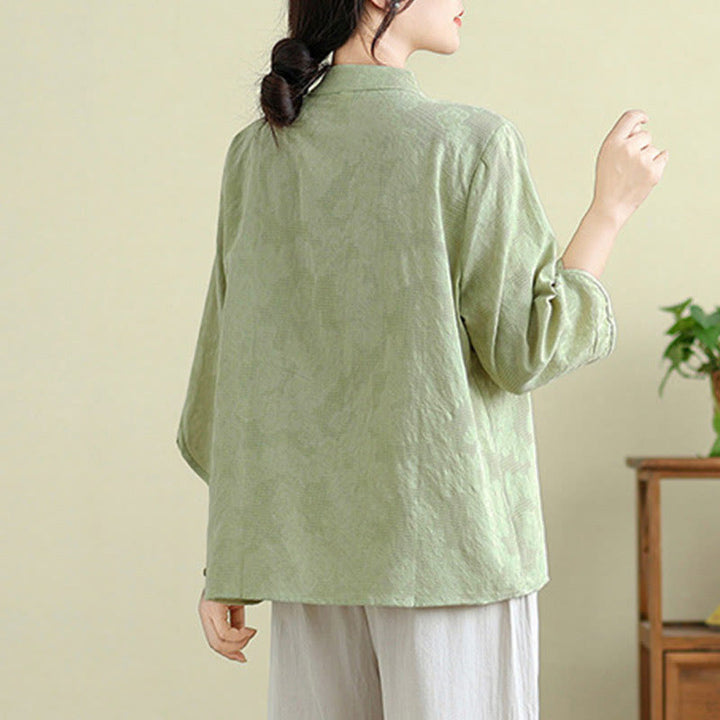 Buddha Stones Flower Embroidery Three Quarter Sleeve One Frog-Button Mandarin Collar Cotton Women's Shirt - image 2