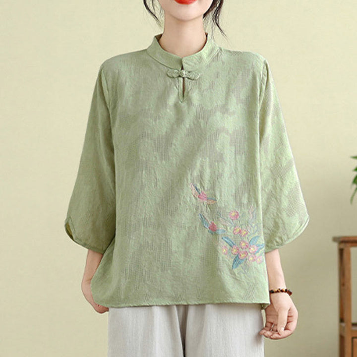 Buddha Stones Flower Embroidery Three Quarter Sleeve One Frog-Button Mandarin Collar Cotton Women's Shirt - image 1