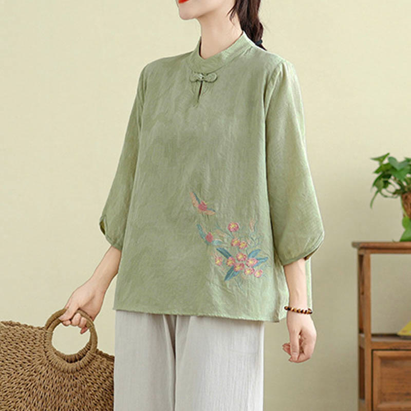 Buddha Stones Flower Embroidery Three Quarter Sleeve One Frog-Button Mandarin Collar Cotton Women's Shirt - image 3